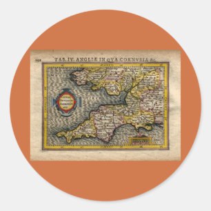 1610 Map of Cornwall, Devon, Somerset, etc... Classic Round Sticker