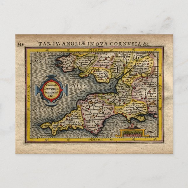 1610 Map of Cornwall, Devon, Somerset, etc... Postcard (Front)