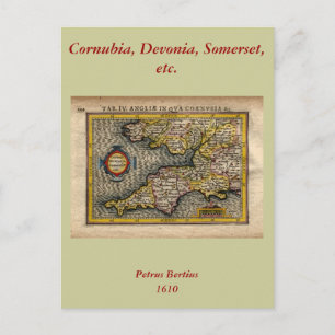 1610 Map of Cornwall, Devon, Somerset, etc... Postcard