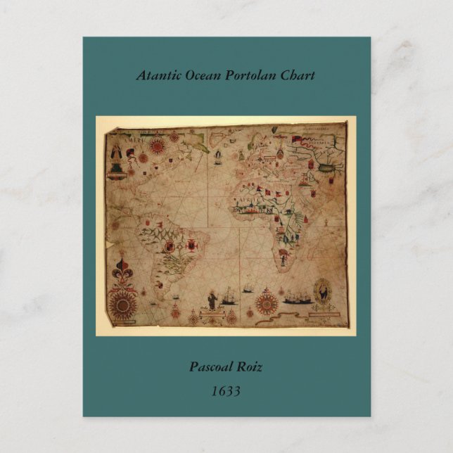 1633 Atantic Ocean Portolan Chart - Pascoal Roiz Postcard (Front)