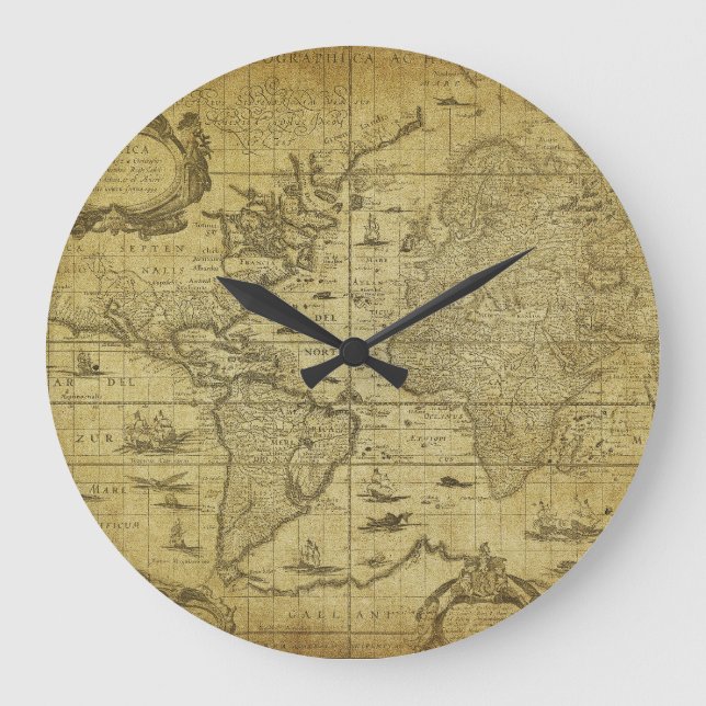 1635 World Map: Vintage Style Large Clock (Front)