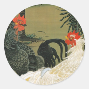 16. 棕櫚雄鶏図, 若冲 Palm Tree & Rooster, Jakuchū Classic Round Sticker