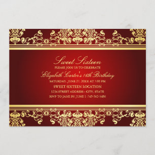 16 ans   Invitation élégante Red & Gold Damask
