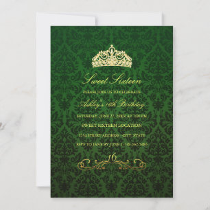 16 ans   Invitation Green Tiara & Damask