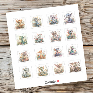 16 Bébés Dragons avec fleurs Stickers