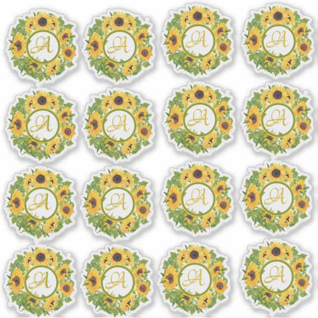 16 Monogrammed Sunflower Stickers Customizable (Front)