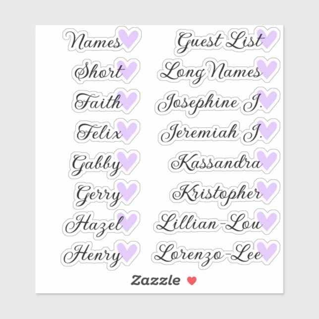 16 Names Custom Guest List Calligraphy Lilac Heart (Sheet)