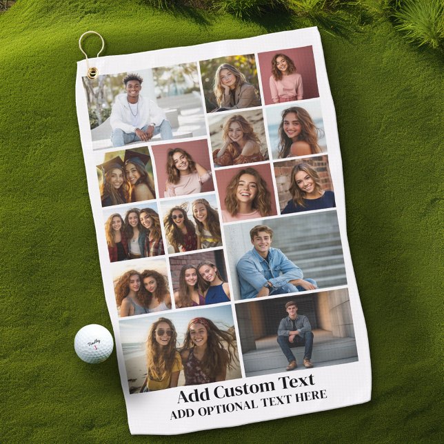 16 Photo Collage - Custom Text - Black and White Golf Towel (Custom Golf Towel with Photo Collage)