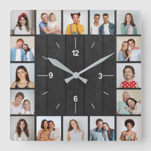 16 Photo Collage Dark Grey Wood Fence Square Wall Clock