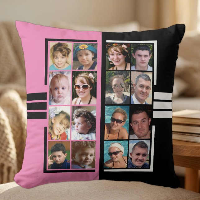 16 photo collage double sided pink black throw pillow (Creator Uploaded)