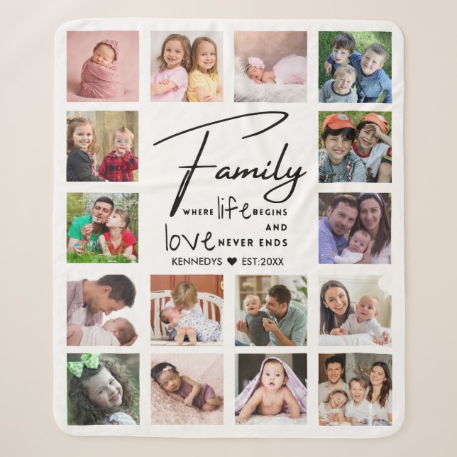 16 Photo Collage Family Name Quote Black And white Sherpa Blanket (Front)