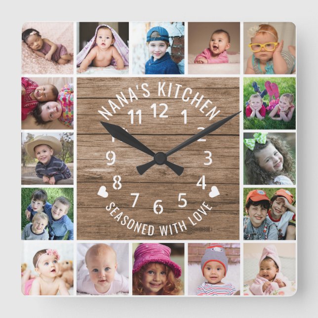 16 Photo Collage Frame Rustic Wood Nana's Kitchen Square Wall Clock (Front)