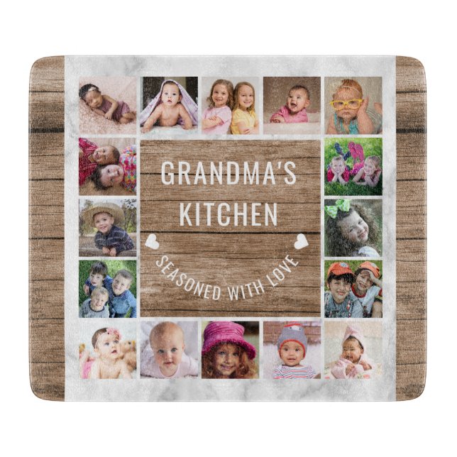 16 Photo Collage Grandma’s Kitchen Wood And Marble Cutting Board (Front)