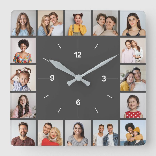 16 Photo Collage Grey and White Square Wall Clock (Front)