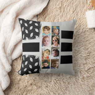 16 photo collage leaves stripes black throw pillow