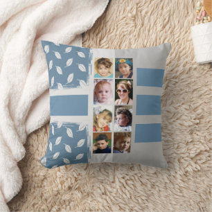 16 photo collage leaves stripes blue throw pillow