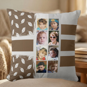 16 photo collage leaves stripes brown throw pillow