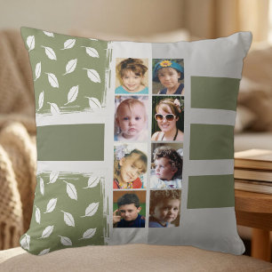 16 photo collage leaves stripes green throw pillow