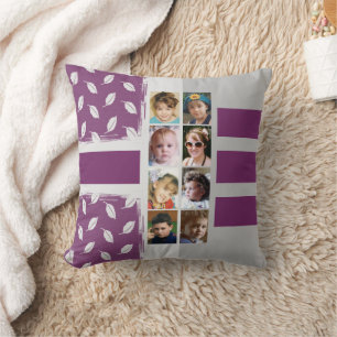 16 photo collage leaves stripes purple throw pillow
