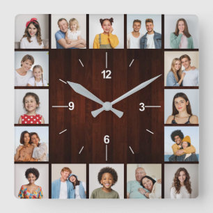 16 Photo Collage Red Faux Wood Fence Square Wall Clock