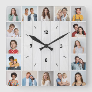 16 Photo Collage Rustic White Faux Wood Fence Square Wall Clock
