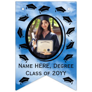16-Photo Graduation Cap Throw in The Air, Blue Sky Bunting Flags