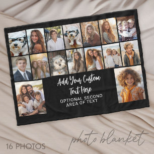 16 Photo Grid - 2 lines text - black white Fleece Blanket