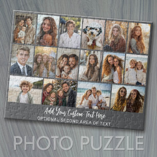 16 Photo Grid - 2 lines text - grey white party Jigsaw Puzzle