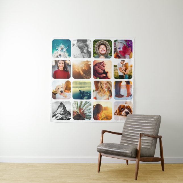 16 Photo Template Grid White Rounded Tapestry (In Situ)