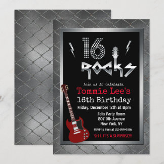 16 Rocks Rockstar Guitar 16th Birthday Invitation