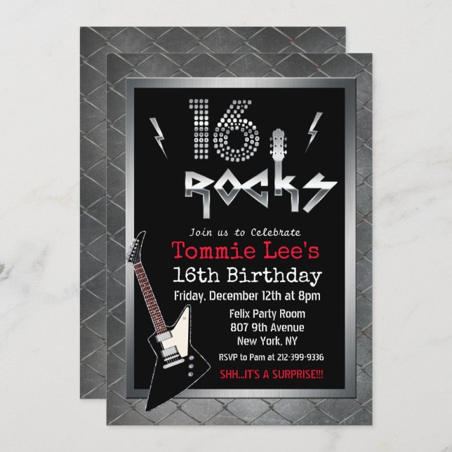 16 Rocks Rockstar Guitar 16th Birthday Invitation (Front/Back)