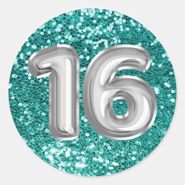 16 Silver Foil Balloons Sparkly Teal Glitter Classic Round Sticker (Front)