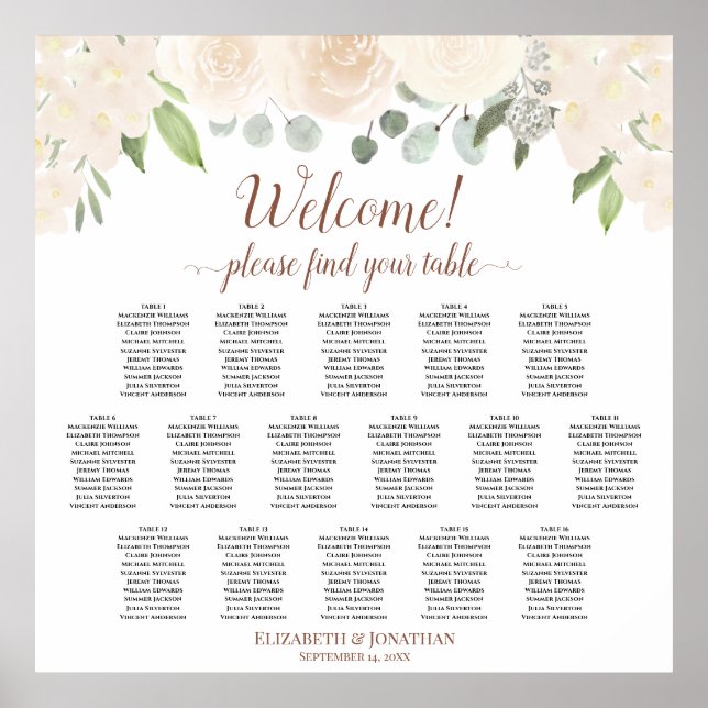 16 Table Blush Peach Roses Wedding Seating Chart (Front)