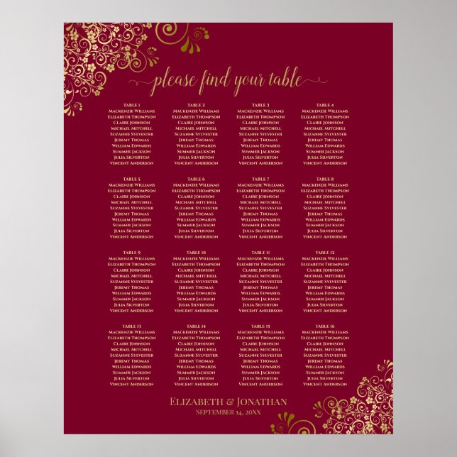 16 Table Elegant Burgundy & Gold Seating Chart (Front)