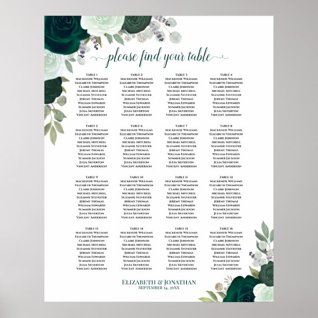 16 Table Emerald Boho Floral Wedding Seating Chart (Front)