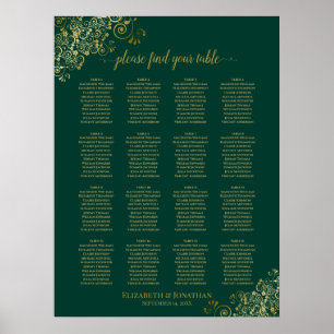 16 Table Emerald Green Wedding Seating Chart Gold