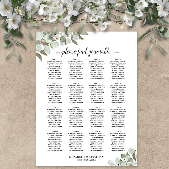 16 Table Eucalyptus Sprigs Wedding Seating Chart (In Situ on Wall with Flowers)