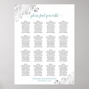 16 Table Frilly Wedding Seating Chart White & Teal