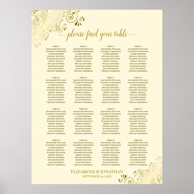 16 Table Gold Frills Wedding Seating Chart Cream (Front)