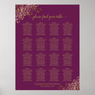 16 Table Gold Lace Magenta Wedding Seating Chart