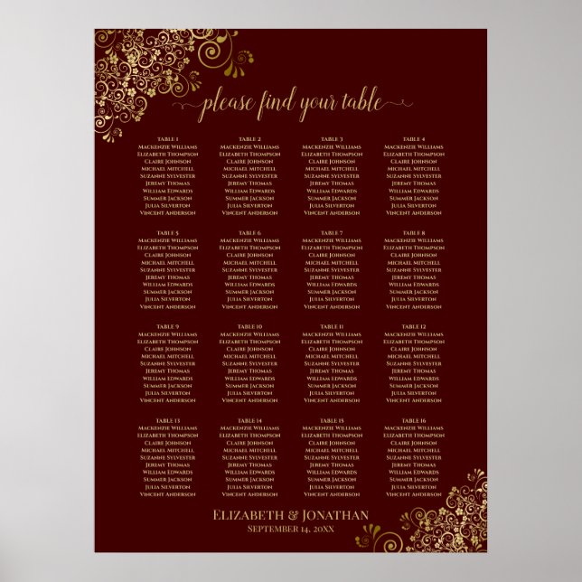 16 Table Lacy Gold Wedding Seating Chart Auburn (Front)