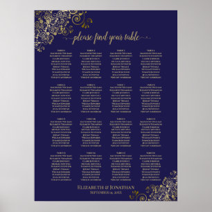 16 Table Lacy Gold Wedding Seating Chart Navy Blue