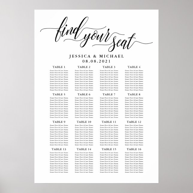 16 Table Large Wedding Guest Seating Chart (Front)