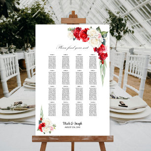 16 Table Red White Rose Floral Seating Chart