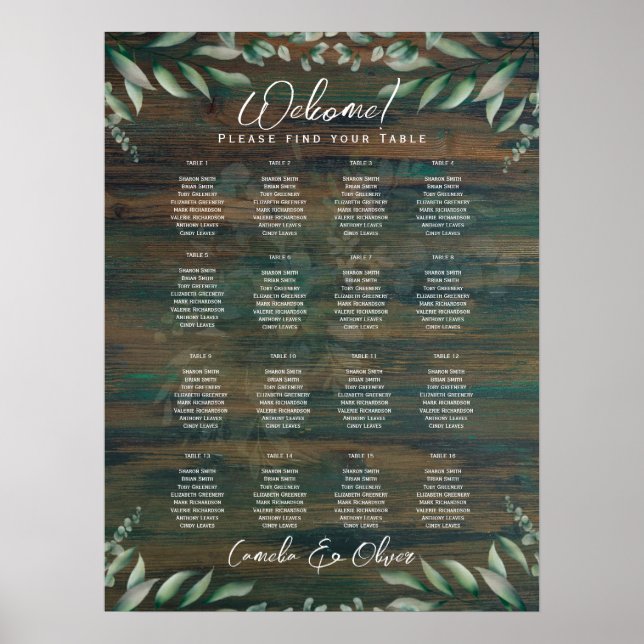 16 Table Rustic Wood Greenery Eucalyptus SEATING P Poster (Front)