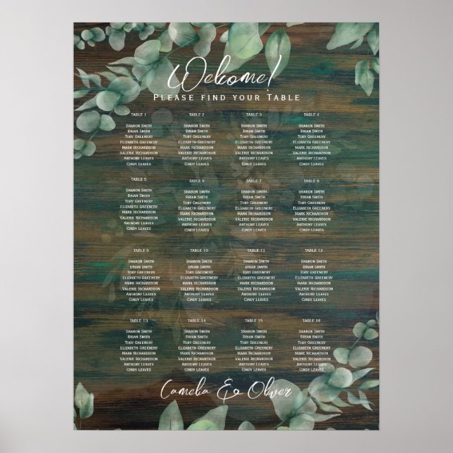 16 Table Rustic Wood Greenery Eucalyptus SEATING Poster (Front)
