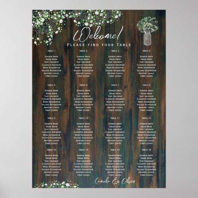 16 Table Rustic Wood Gypsophila SEATING CHART Foam (Front)