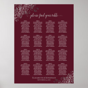 16 Table Silver on Burgundy Wedding Seating Chart