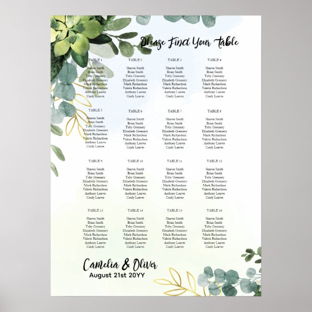 16 Table Wedding Seating Chart Greenery Eucalyptus (Front)