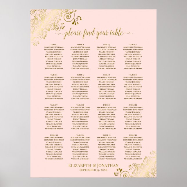 16 Tableau Blush Pink & Gold Mariage Seating Chart (Devant)